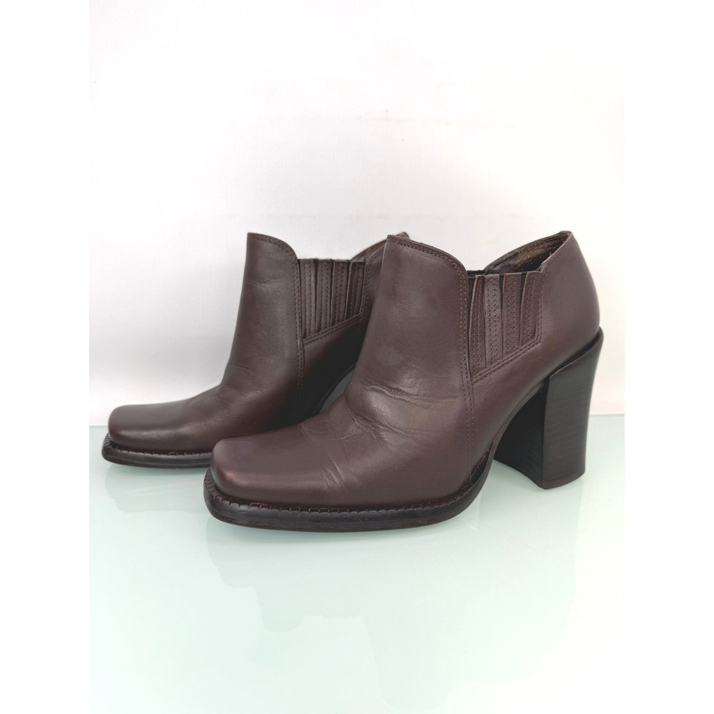 Colin Stuart Ankle Boots 6.5 Brown Leather Square Toe Block Heel 90s clean girl - Picture 2 of 11